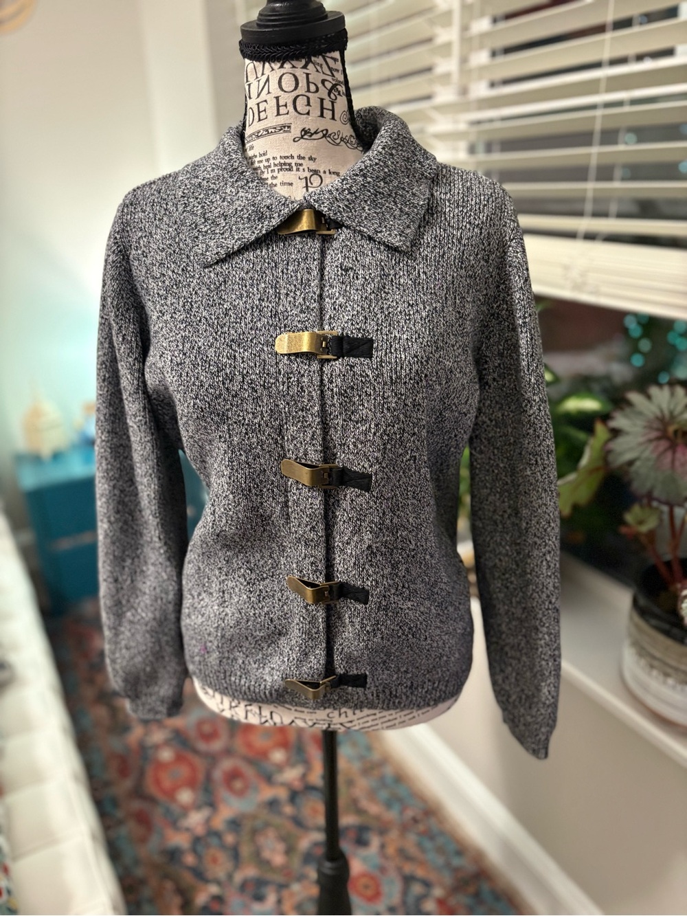 Source Unknown Gray Knit Pea Coat with Gold-Tone Toggle Closures